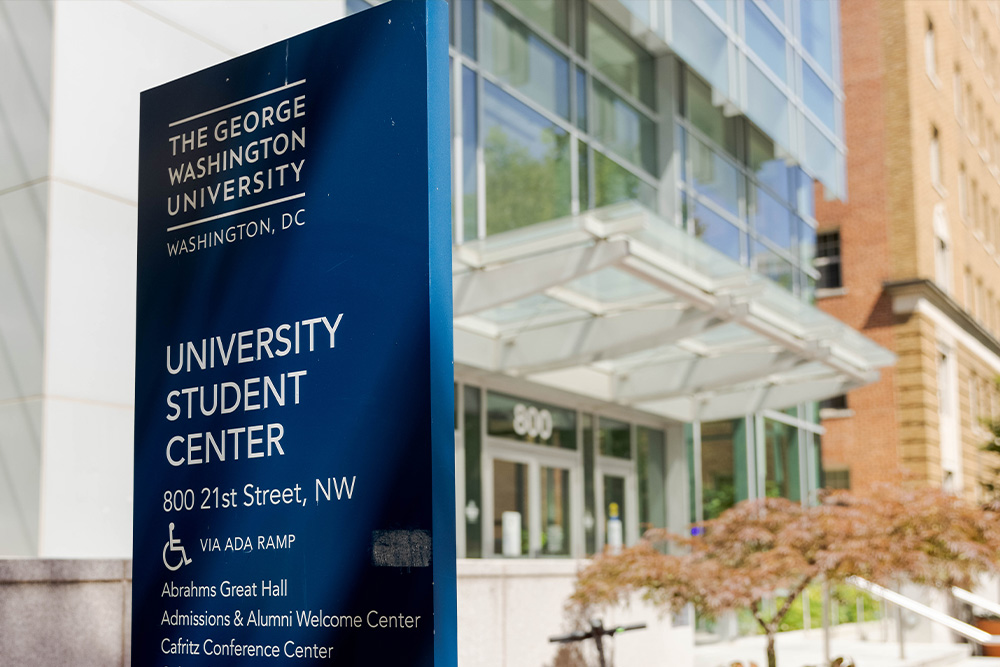 A sign outside of a building on the Foggy Bottom campus that reads University Student Center