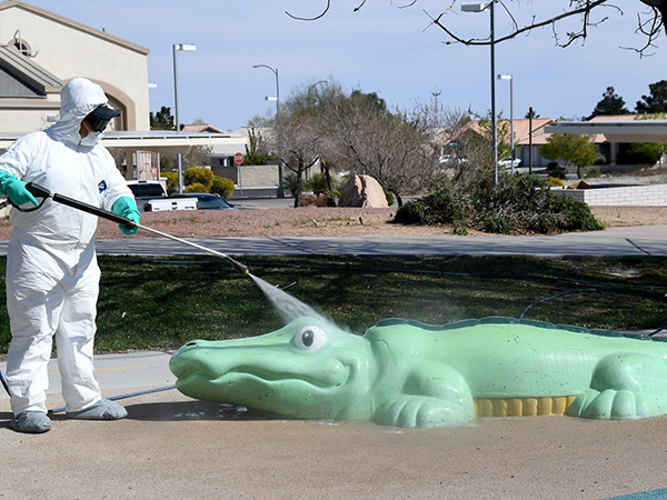 man spray washing a crocodile statue