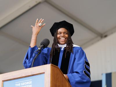 Commencement speaker Jonquel Jones told the graduates: “Your gut doesn’t lie. Trust that feeling. Because your instincts, your spirit, your gut—that is where your power lives." (Florence Shen/GW Today)