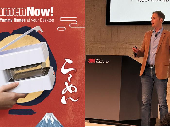 RamenNow! desktop ramen cooker on one side; the other side is a picture of Travis Thul at a speaking engagement