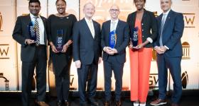 L to r: John G. Samuel, Aicha Evans, President Wrighton, Aaron R. Kwittken, Natalie Grandison and Joe Del Guercio of the A. James & Alice B. Clark Foundation. (Photo: Abby Greenawalt Photography)