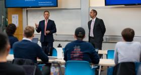 Alumni Oscar Pulido and Dan Someck of BlackRock speak to students