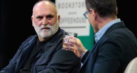 José Andrés discusses his path through the culinary and humanitarian worlds with journalist Guy Raz. (William Atkins/GW Today)